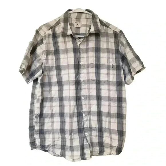 Hurley Men's White/Blue Plaid Cotton Button Down Short - Picture 1 of 10